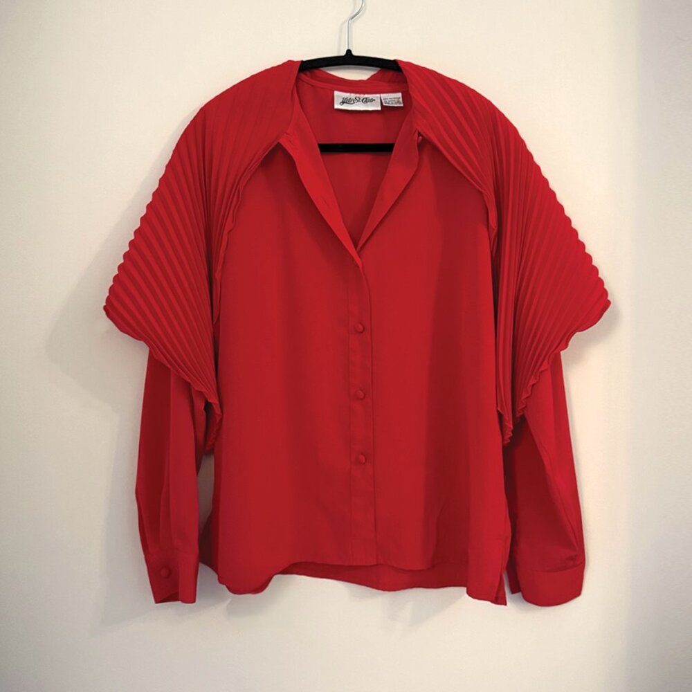Vintage Red Blouse with Pleated Scarf Detail